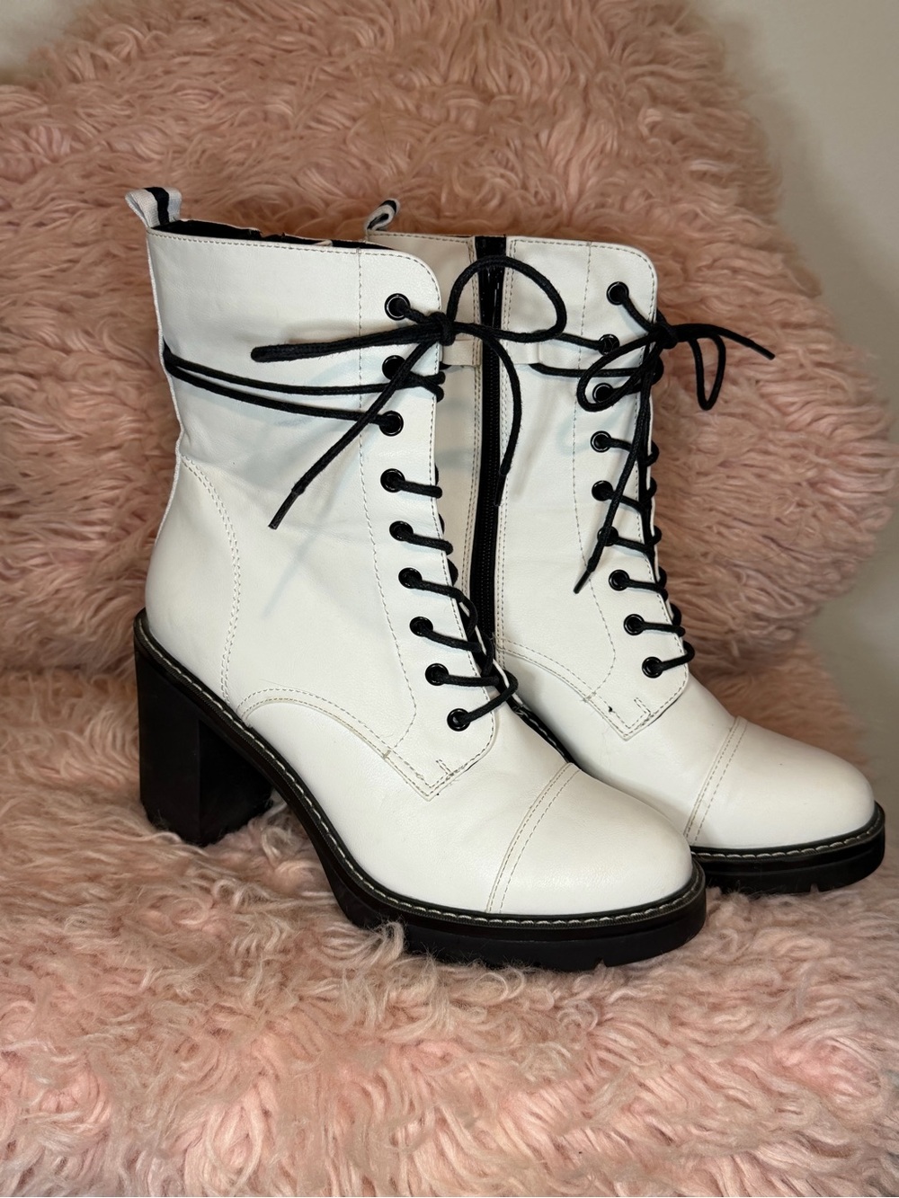 Women's White Lace-Up Block Heel Ankle Boots with Black Trim